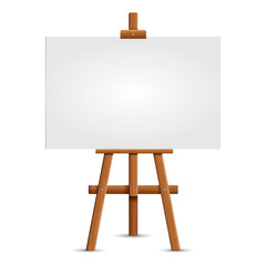 Blank art board and realistic wooden easel. Wooden Brown  Easel with Mock Up Empty Blank Square Canvas Isolated on white background. Vector illustration..