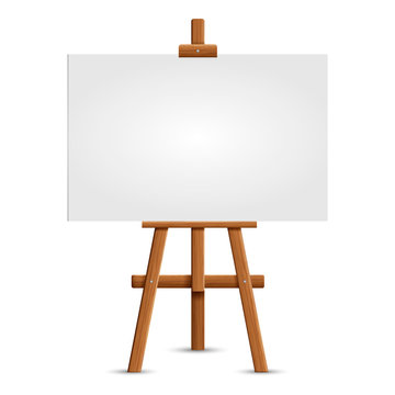 Blank art board and realistic wooden easel. Wooden Brown  Easel with Mock Up Empty Blank Square Canvas Isolated on white background. Vector illustration..