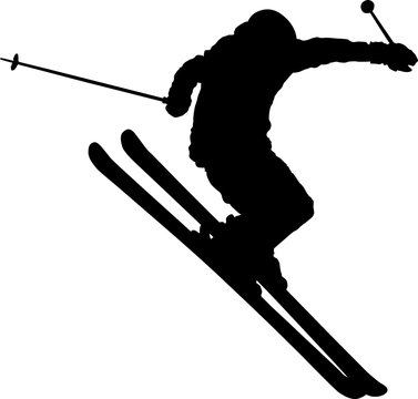 Freestyle skier. Black shape of skier during freestyle jump