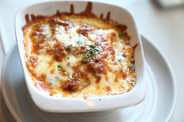 Homemade Beef Meat lasagna on dish in restaurant , Italian food