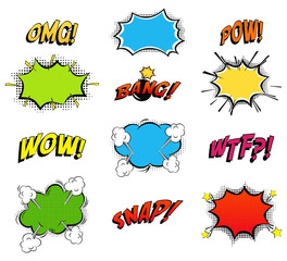 Comics bubbles for emotions and explosions. Exclamations clouds for wow and omg, wtf and snap, bomb bang or boom explosion. Great for cartoon book or danger, pop dialog and burst theme
