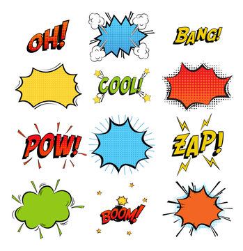 Onomatopoeia comics sounds in clouds for emotions and kaboom explosion. Steaming oops and wham sound, heart for ooh and stars for smash and crash cartoon book theme