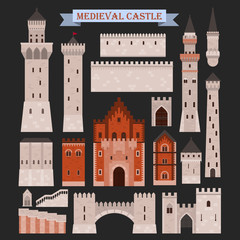 Medieval castle parts like gates, walls, towers