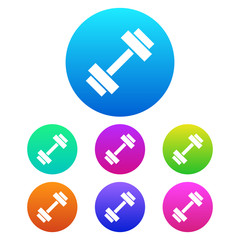 Colorful, circular, gradient dumbbell/barbell icon. White silhouette. Seven color variations. Isolated on white