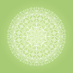 Flower mandala. Oriental ethnic circular ornament. Design element. White lines on green background