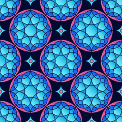 Vector seamless patern with ancient geometry circle ornates. Simple mandala in blue and pink colors