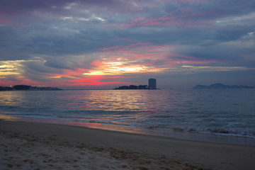 Fototapeta premium Colorful sunset above Samil beach, Vigo, Galicia, Spain