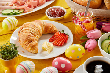 Delicious Easter breakfast on a decorated table