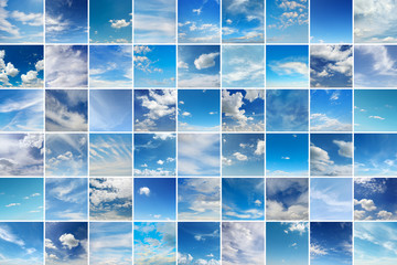 Large collage with clouds - cumulus, cirrus, rain, clear sky