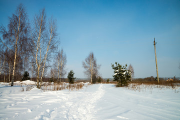 Fototapeta na wymiar A landscape with snowy field, footpath