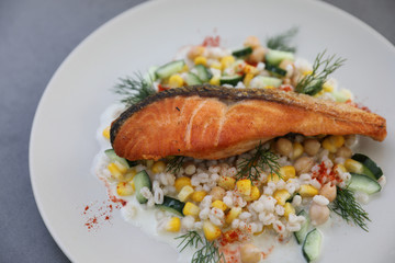 Baked salmon with bean Job's tears salad
