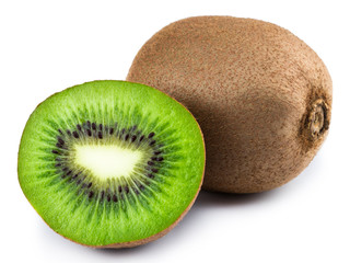 Fototapeta na wymiar Ripe whole kiwi fruit and half kiwi fruit isolated on white background