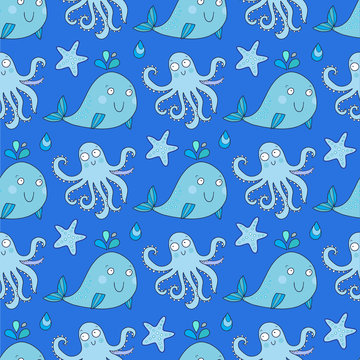 Seamless vector pattern with underwater creatures like octopus, whale, starfish. Lovely vector illustration.