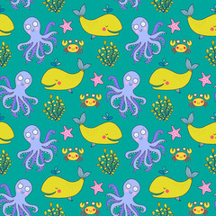 Fototapeta na wymiar Seamless vector pattern with underwater creatures like octopus, crab, whale, starfish. Lovely vector illustration.