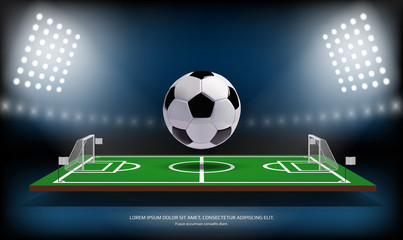 Football or soccer playing field and 3d ball. Sport Game. Football stadium spotlight design concept vector illustration