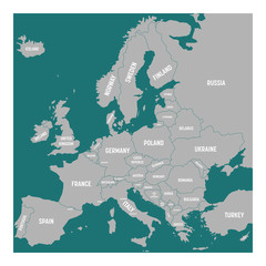 Naklejka premium Map of Europe with names of sovereign countries, ministates included. Simplified dark grey vector map on white background.