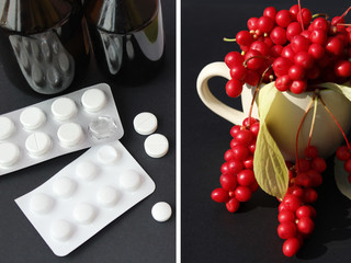 Medicine tablets and natural vitamins. Dilemma. Berries of red ripe schisandra or medicinal preparations