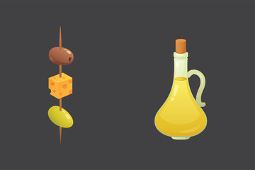 Olives fruit with cheese and olive oil bottle vector illustration in cartoon style.