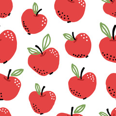 Seamless cute colorful pattern with red hand drawn apples on white background. Scandinavian design style, vector illustration