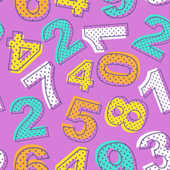 Seamless pattern of colorful numbers on violet background. Baby, kid design with dots. Vector illustration