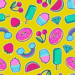 Seamless pattern with colorful patches. Stickers of ice cream, cherry, strawberry, rainbow, donut, cupcake, diamond etc on yellow background. Fashion cool patches and stickers. Vector illustration