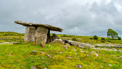 Poulnabrone Dolmen in Ireland, Uk. in Burren, county Clare. Period of the Neolithic.