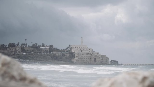 Establishing shot of Joppa Tel aviv Israel. Taken during a tour of various holy sites in Israel. This particular clip is in Tel Aviv of the historical landmark of Joppa from biblical times