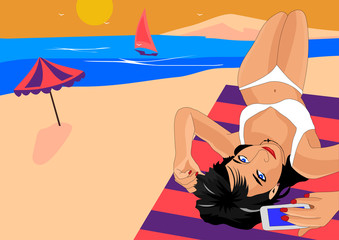 Girl lying on the beach and takes a picture of himself on the background of the sea, boats and sun. Vector illustration of a selfie girl