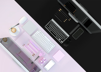 Modern workspaces with computers, stationery set on black and white color background. Top view. Flat lay. 3D illustration