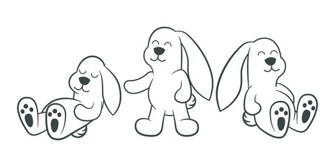 Cute cartoon bunnies siting, sleep and play - outline