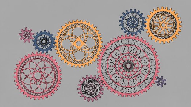 Colored steampunk gears (3 parts with 9, 6 and 3 cogwheels) - illustrated animation