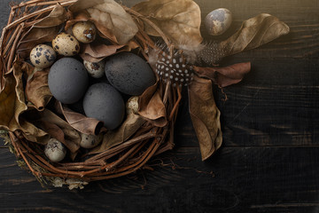 Black eggs in a nest of dry branches on a black board. Easter style.
