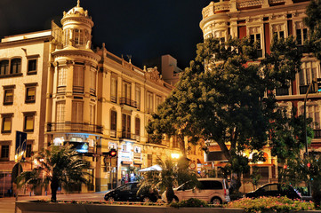 Obispo Codina street night view. Traditional buildings of the old town of Las Palmas, Gran Canaria....