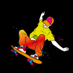 Stylish skater in jeans and sneakers. Skateboard. Vector illustration for a postcard or a poster, print for clothes. Street cultures. © juliagrin