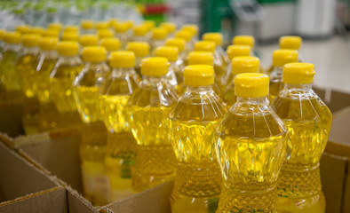 Cooking oil bottles with yellow caps on shelf in supermarket.