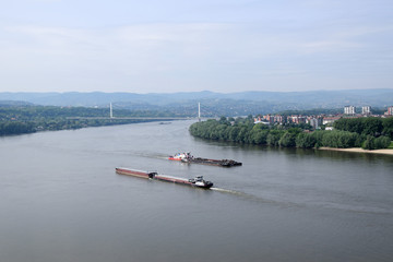 Barge boat on Dunabe river near Petrovaradin - Novi Sad, Serbia.