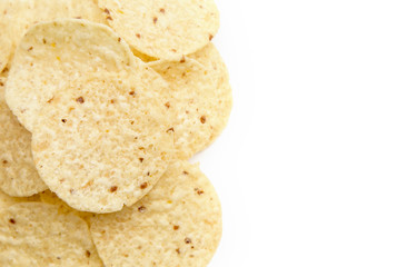 Round Tortilla Corn Chips on a White Background