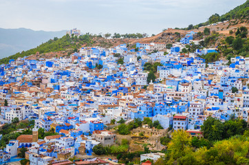 Aerial view of blue medina of city Chefchaouen,  Morocco, Africa.
