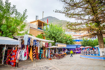 Main square of blue medina in city Chefchaouen,  Morocco, Africa.