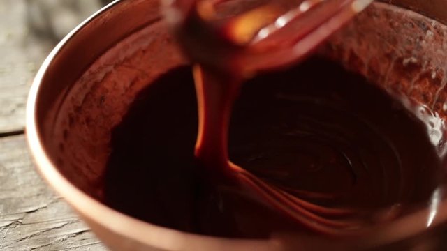 Chocolate on wire whisk, slow motion