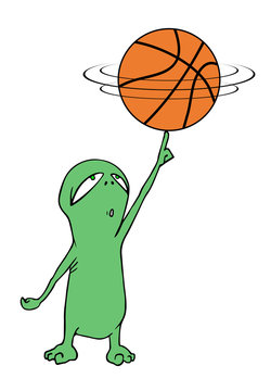 Funny alien playing basketball