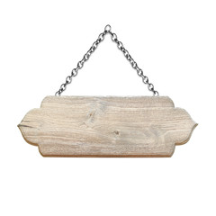 Wooden sign hanging on a chain isolated on white