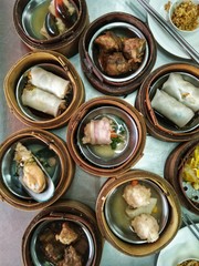 Traditional style Chinese cuisine, Various Chinese Steamed Dumpling In Bamboo Steamer container 