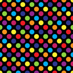 Seamless colorful polka dot pattern on black. Vector illustration.