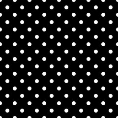 Seamless white polka dot pattern on black. Vector illustration. - obrazy, fototapety, plakaty