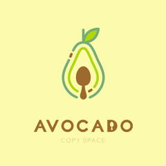 Avocado fruit with spoon logo icon outline stroke set design illustration isolated on cream background with Avocado text and copy space, vector eps10