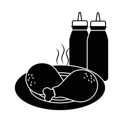 delicious chicken thighs in dish with sauce bottles vector illustration design