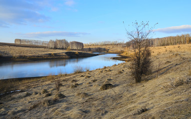 Springtime.Sunny spring colorful landscape with river and bare birches growing on the riverbank.Warm sunlight at sunset.Clouds in blue sky.Beautiful view. 