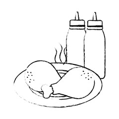 delicious chicken thighs in dish with sauce bottles vector illustration design