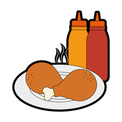 delicious chicken thighs in dish with sauce bottles vector illustration design